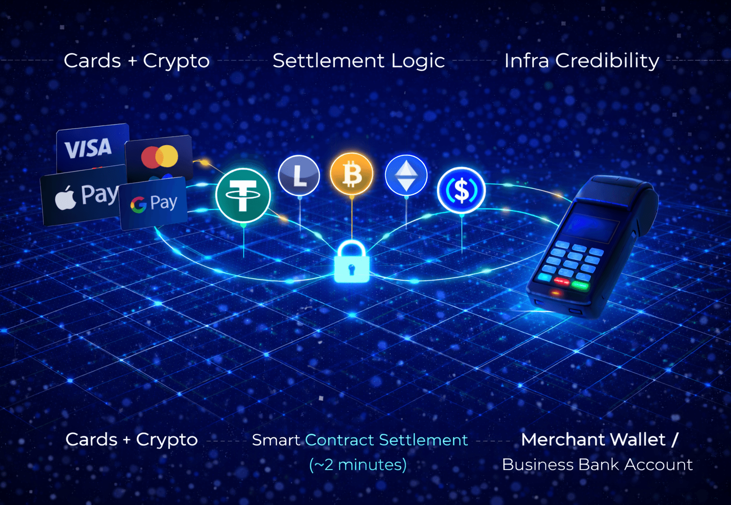 Diagram illustrating a payment process from cards and crypto to merchant wallet via smart contract settlement, showing logos of Visa, Mastercard, Apple Pay, Google Pay, Tether, Litecoin, Bitcoin, Ethereum, and USD with a payment terminal and a lock symbol in the center.
