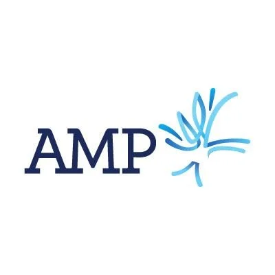 AMP logo featuring the letters "AMP" in blue alongside a stylized abstract blue and light blue design.