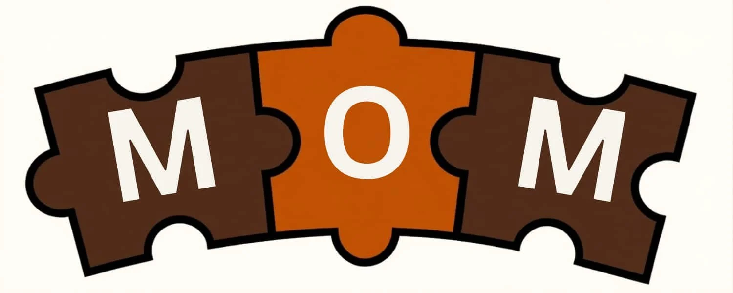 Three puzzle pieces connected side by side, spelling out ‘MOM,’ representing Manners, Obedience, and Management