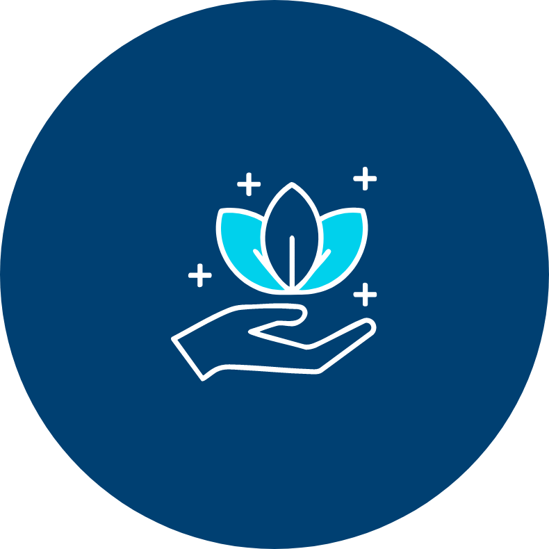An illustration of a hand holding a glowing leaf with sparkles around it, symbolizing growth or environmental sustainability.