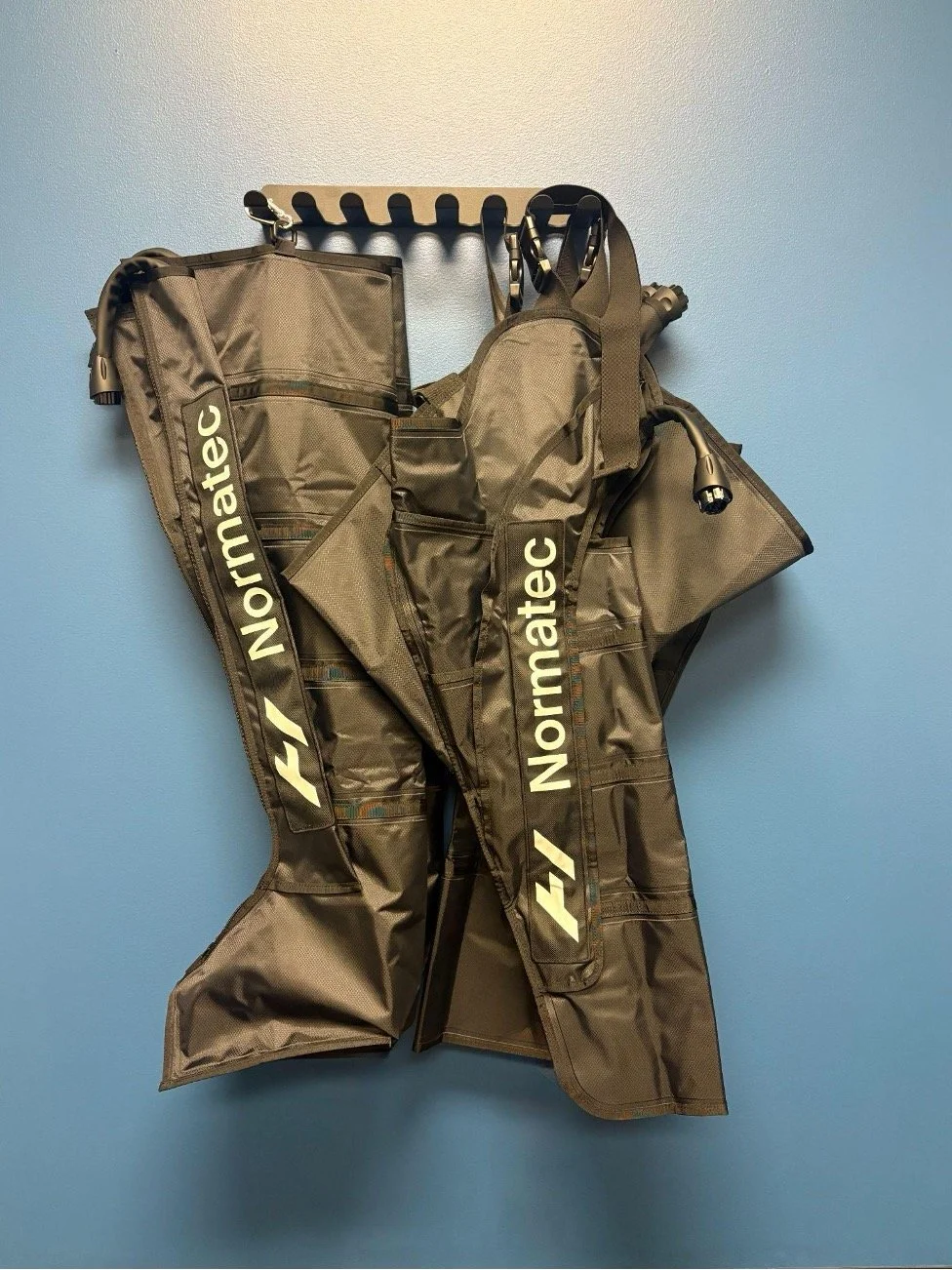 A pair of brown motorcycle chaps with 'Alpinestars' and 'Normatec' logos, hanging on a wall hook against a blue background.