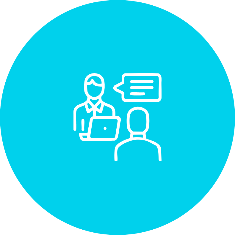 An icon of a person wearing a suit with a laptop talking to another person with a speech bubble.