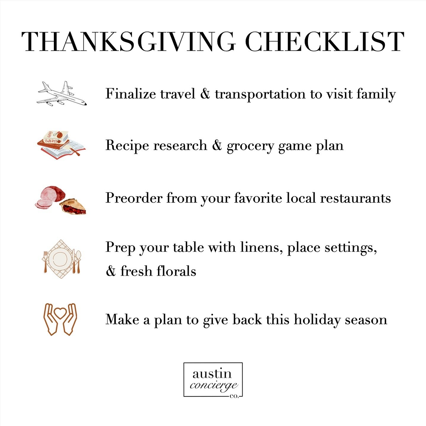 Thanksgiving is just 13 DAYS away! Our team is in full holiday mode as we prep for the busy season ahead. Here are our top Turkey Tips to ensure you&rsquo;re ready to gobble and give thanks this year: 

▫️ Finalize travel and transportation to visit 