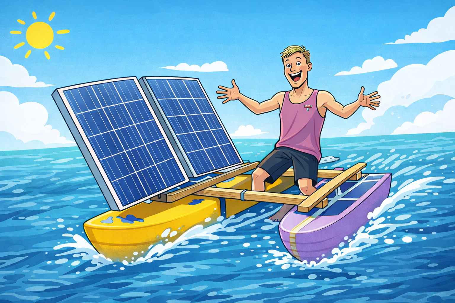 A young man stands outdoors in front of a wooden shed, smiling and giving a thumbs-up. The scene includes a large solar panel, a yellow kayak, a white boat hull, and various construction tools and materials, indicating a project involving boat or kayak building or repairs.