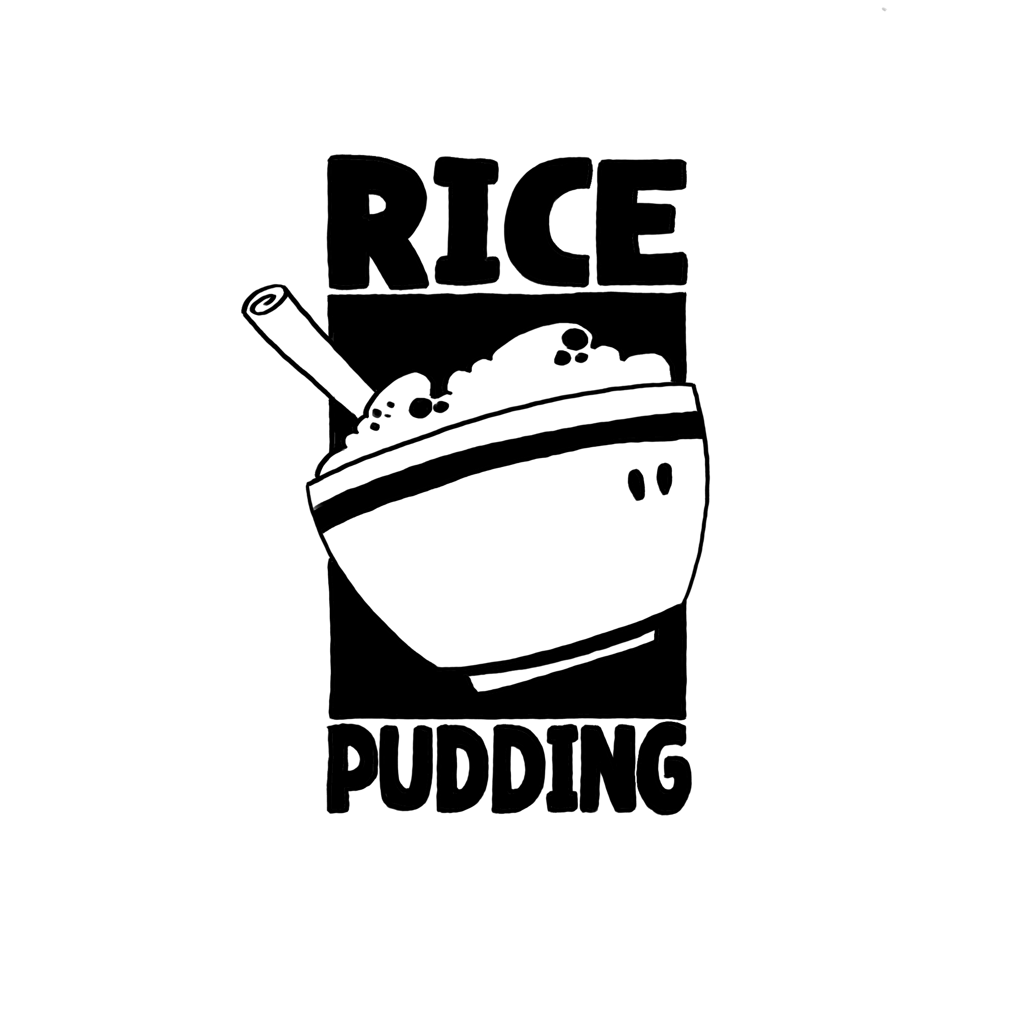 Illustration of a container with the word 'RICE' on top, a rolling pin, rice grains, and the words 'PUDDING' at the bottom, all drawn in black and white.