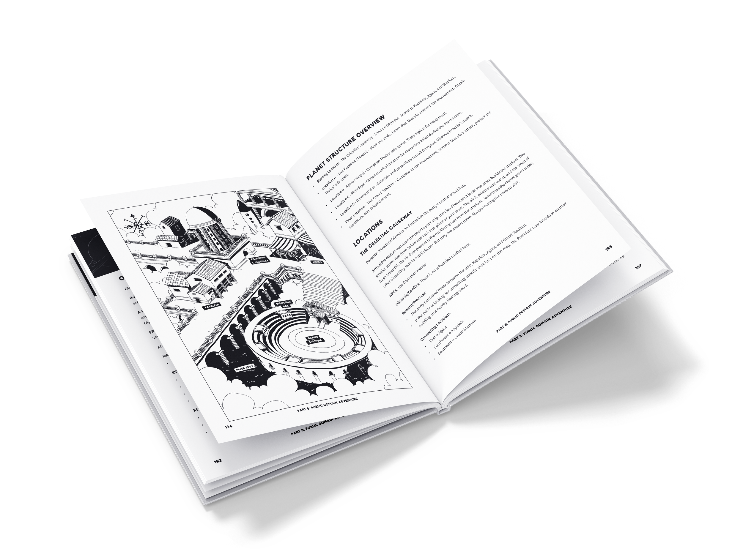 A mockup of the Borrowed Worlds hardcover rulebook lying open to an illustrated spread
