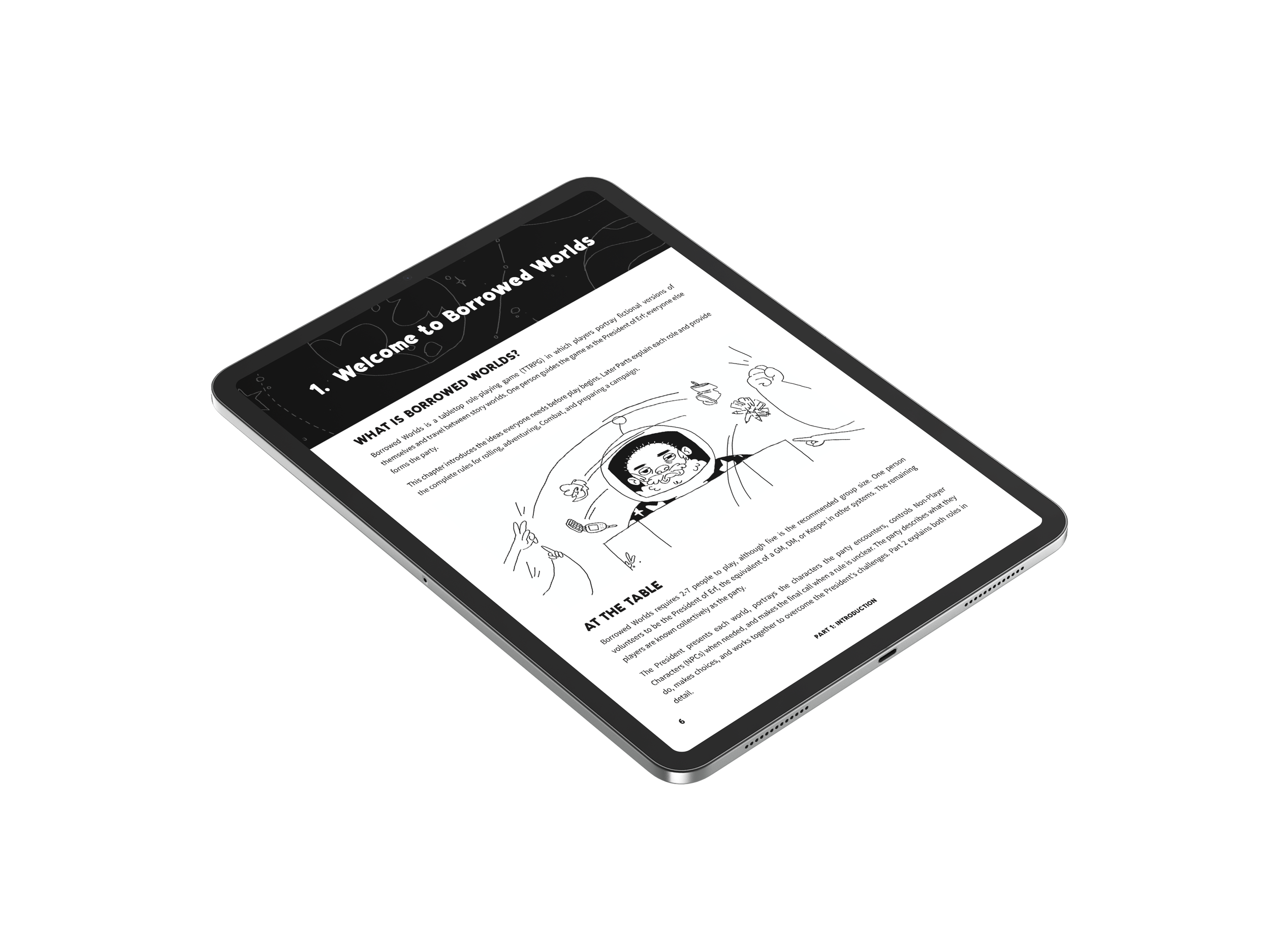 The Borrowed Worlds rulebook open on a tablet