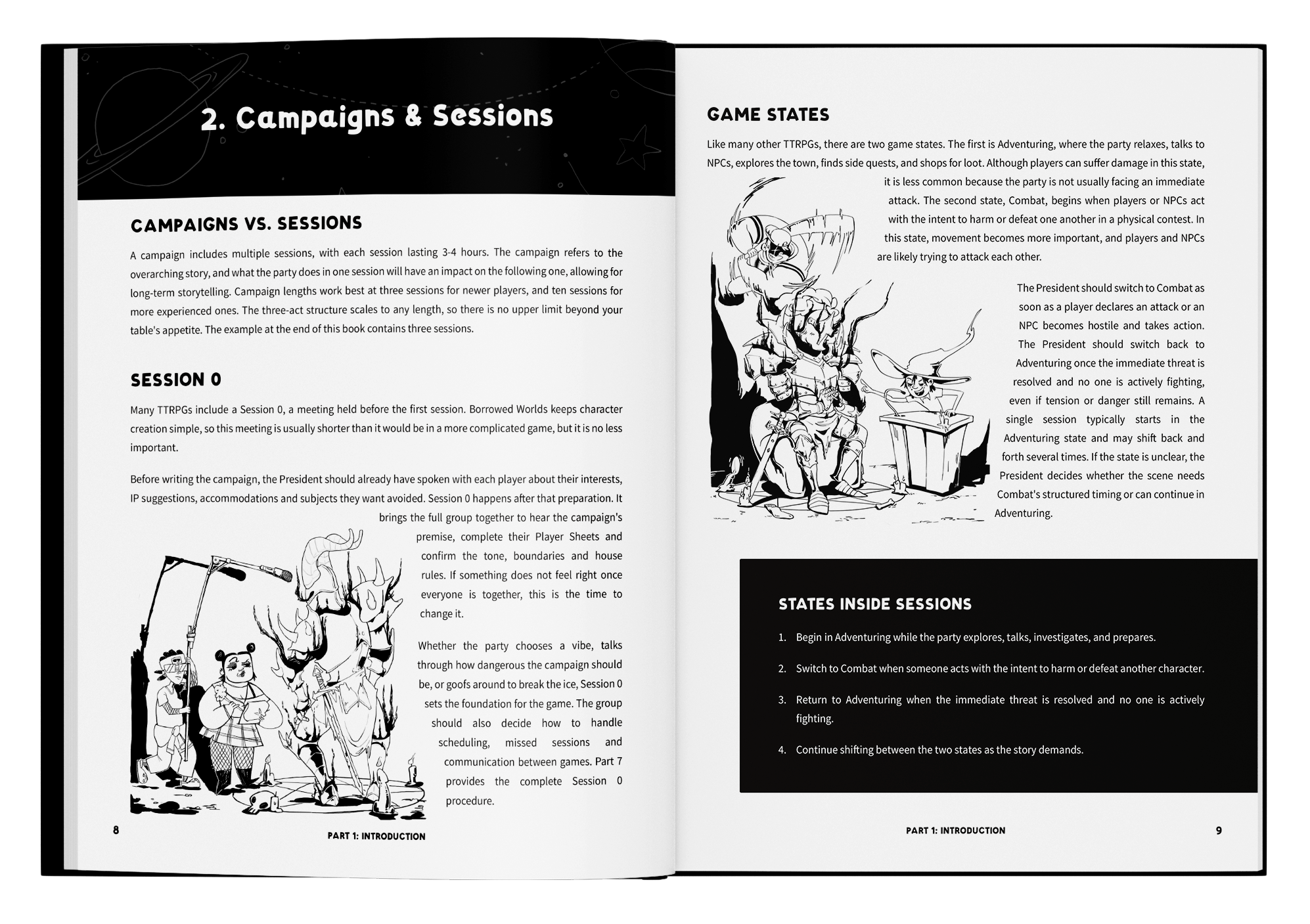 A black and white illustrated page spread from a book or guide about tabletop role-playing games, featuring sections on campaigns and game states, with a humorous drawing of characters, including a person in a wizard hat, a swordsman, and a person with a staff.