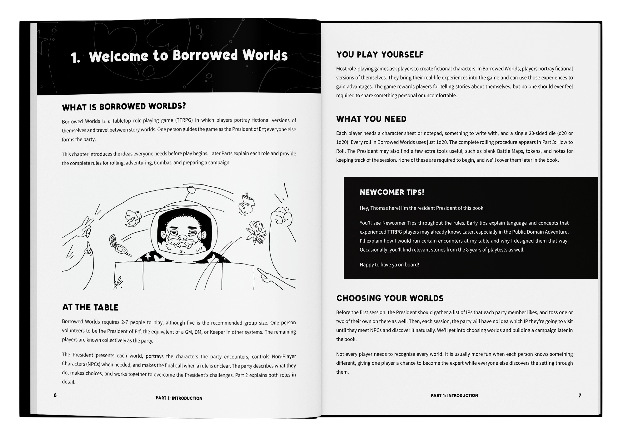 An open book on a black background, titled 'Welcome to Borrowed Worlds,' with comic-style black-and-white illustrations of characters and text instructions on role-playing game setup.