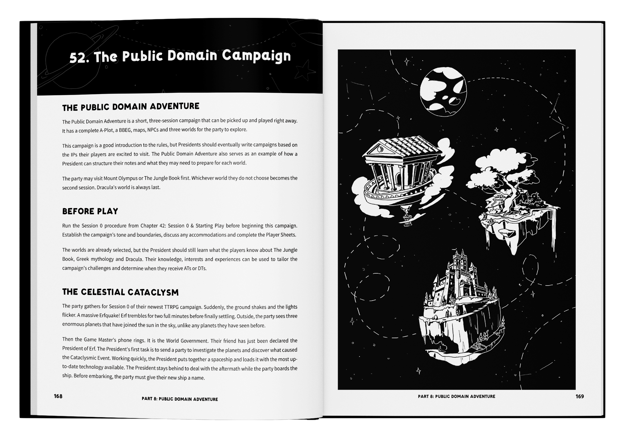 Open book with black and white space-themed illustrations, including planets, stars, a floating castle, and a Ancient Greek building.