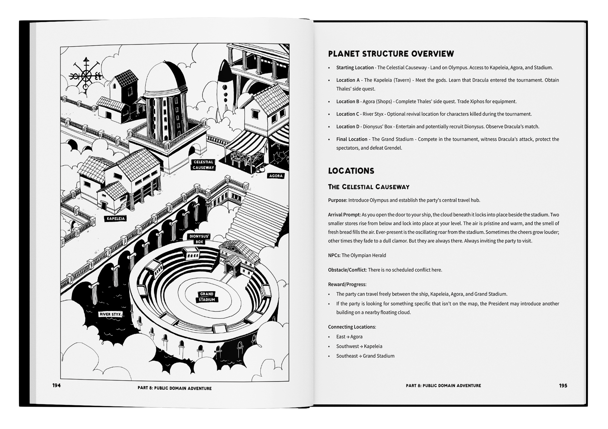 Black and white illustration of a fictional city with labeled locations: Celestial Causeway, Agora, Kapeleia, Dionysus Box, Grand Stadium, and River Styx, with a circular stadium and surrounding buildings.