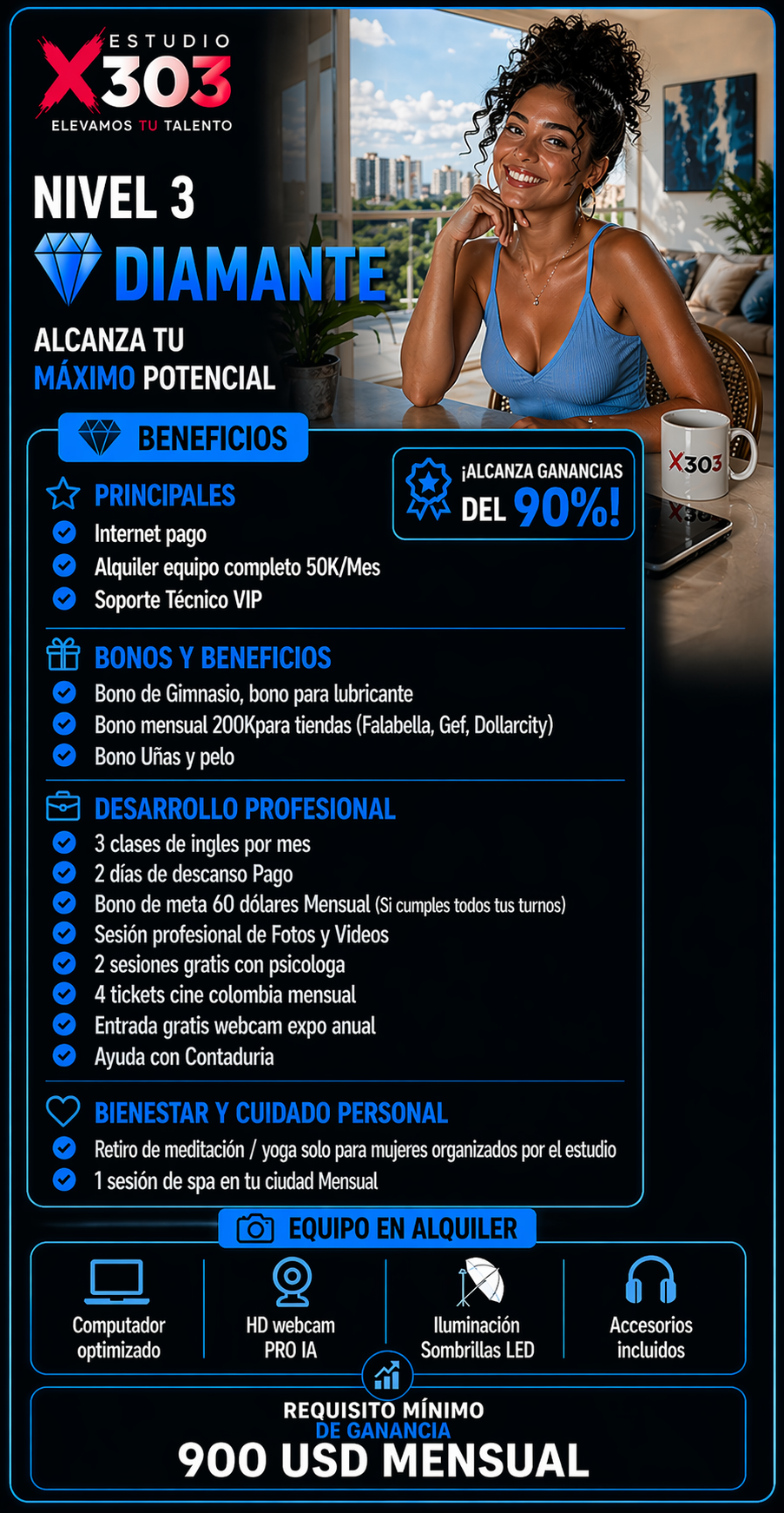 Publicidad de un programa de estudio y desarrollo profesional en línea, con beneficios y requisitos, en un ambiente moderno con una mujer sonriendo en un espacio con vista urbana.