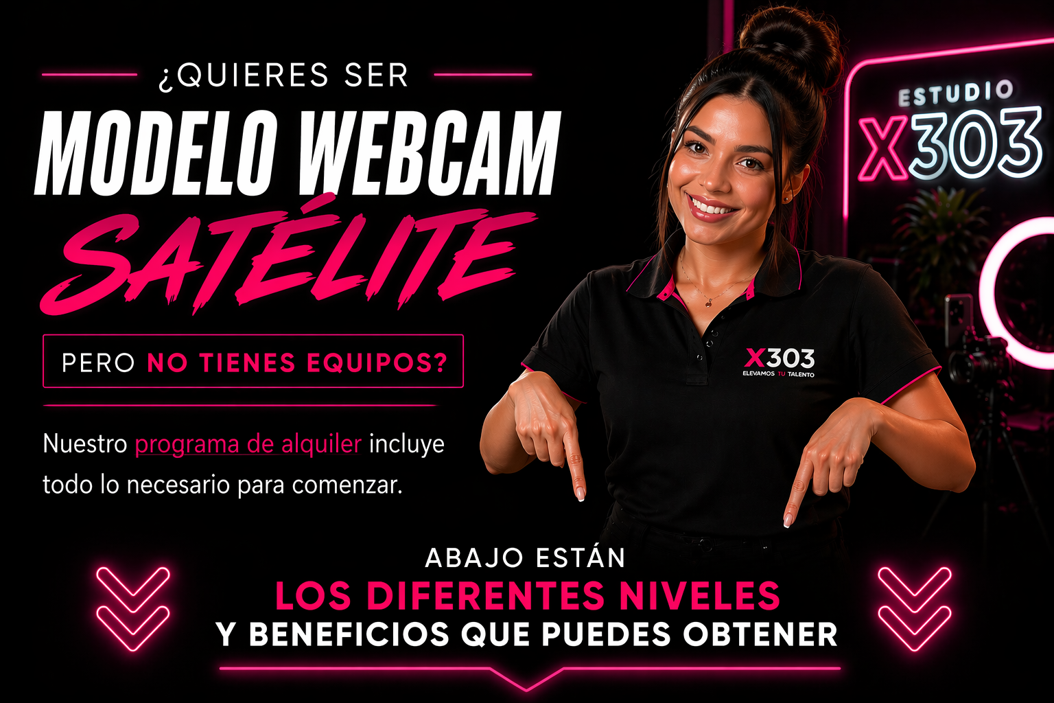 Publicidad con texto en fondo negro promocionando estudio de maquillaje en satélite, mostrando a una mujer sonriendo con camiseta negra con logotipo de X303 y señalando hacia abajo, con decoraciones de neón rosa y azul y una señal que dice 'Estudio X303'.