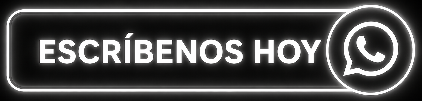 Texto en neón que dice 'Escríbenos hoy' junto al logotipo de WhatsApp.