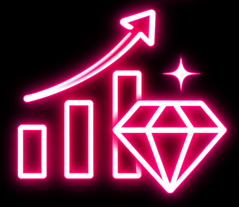 Gráfico en neón rosa con barras ascendentes, flecha apuntando hacia arriba, un diamante y una estrella