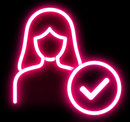 Silhouette de una mujer con cabello, rodeada por una línea de neón rosa, y un círculo con marca de verificación también en neón rosa.