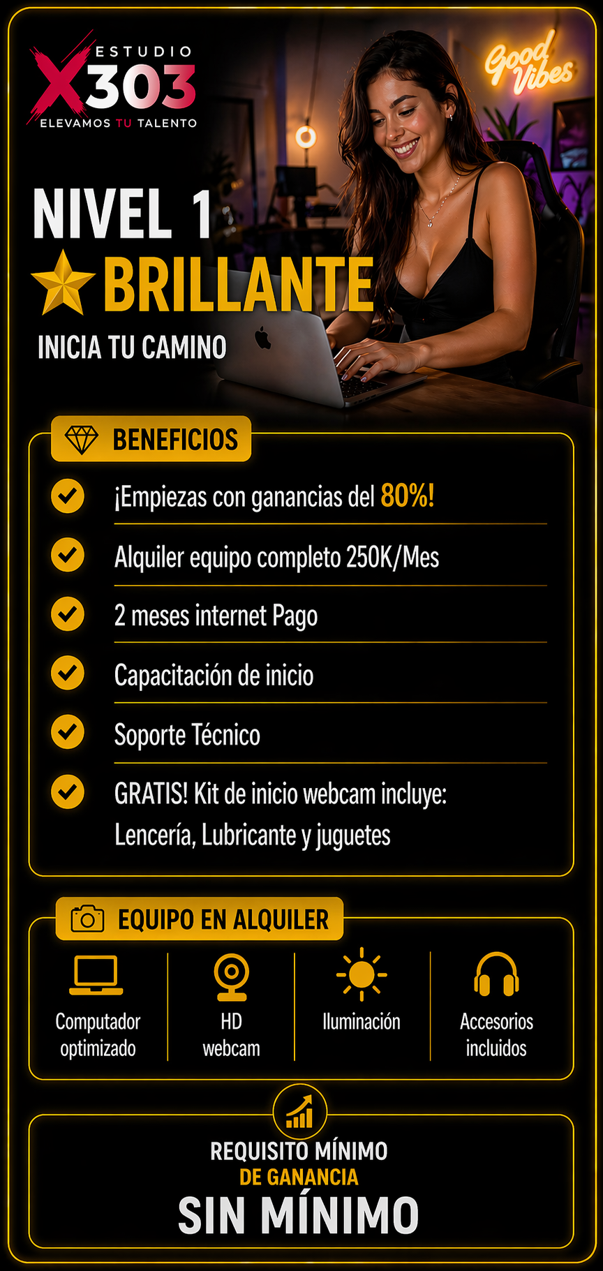 Una mujer feliz usando una laptop en un ambiente con luces cálidas, promoviendo un curso de talento y tecnología en un estudio de entretenimiento que ofrece beneficios como ganancias del 80%, alquiler de equipo, internet, capacitación, soporte técnico y kit de inicio gratis. Se destaca la disponibilidad de equipo en alquiler y la necesidad de ganar sin mínimo en ganancias.