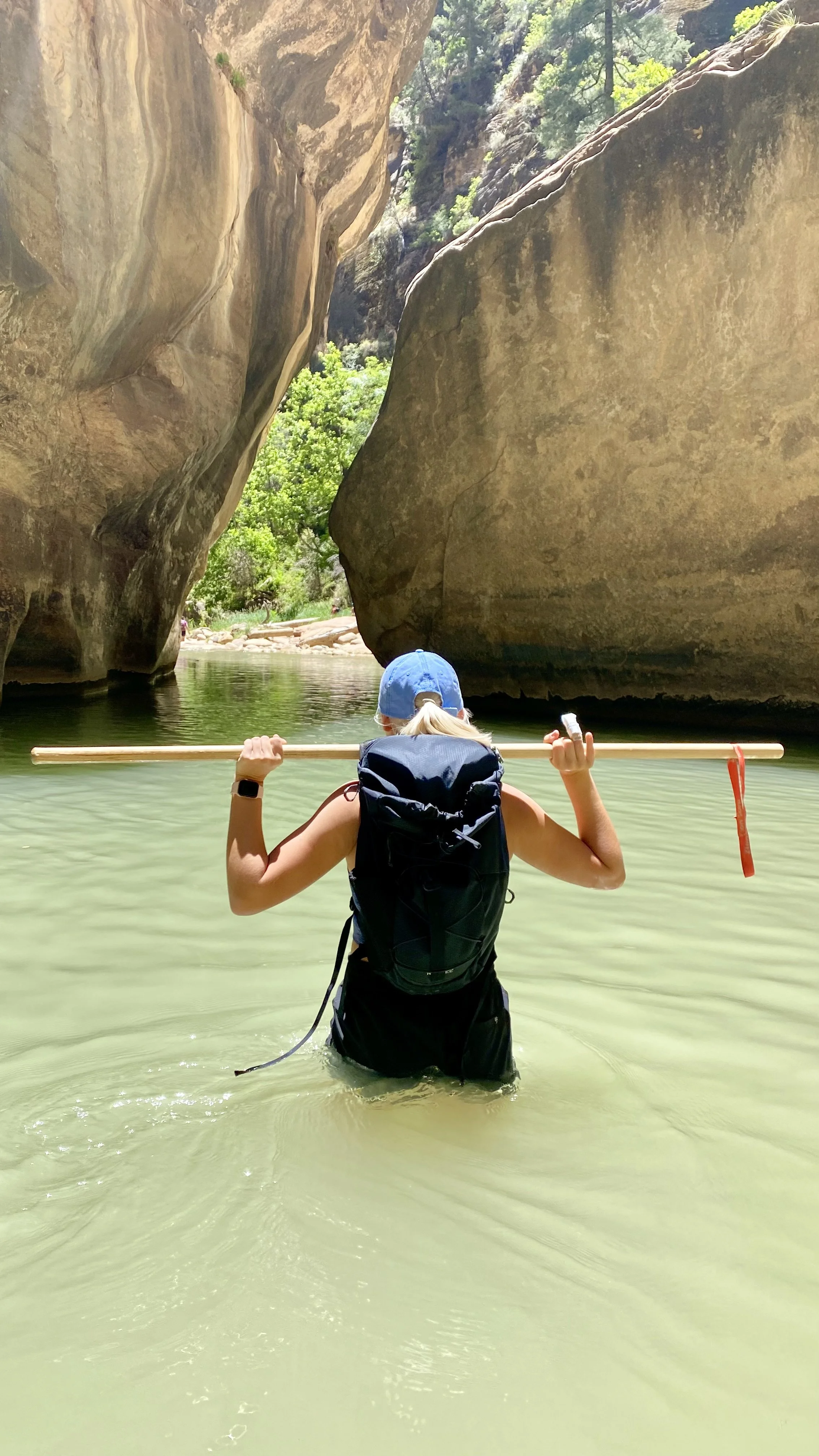 Hiker wading through a green river in a narrow canyon, holding a long stick over her shoulders, with large rocks and trees in the background.