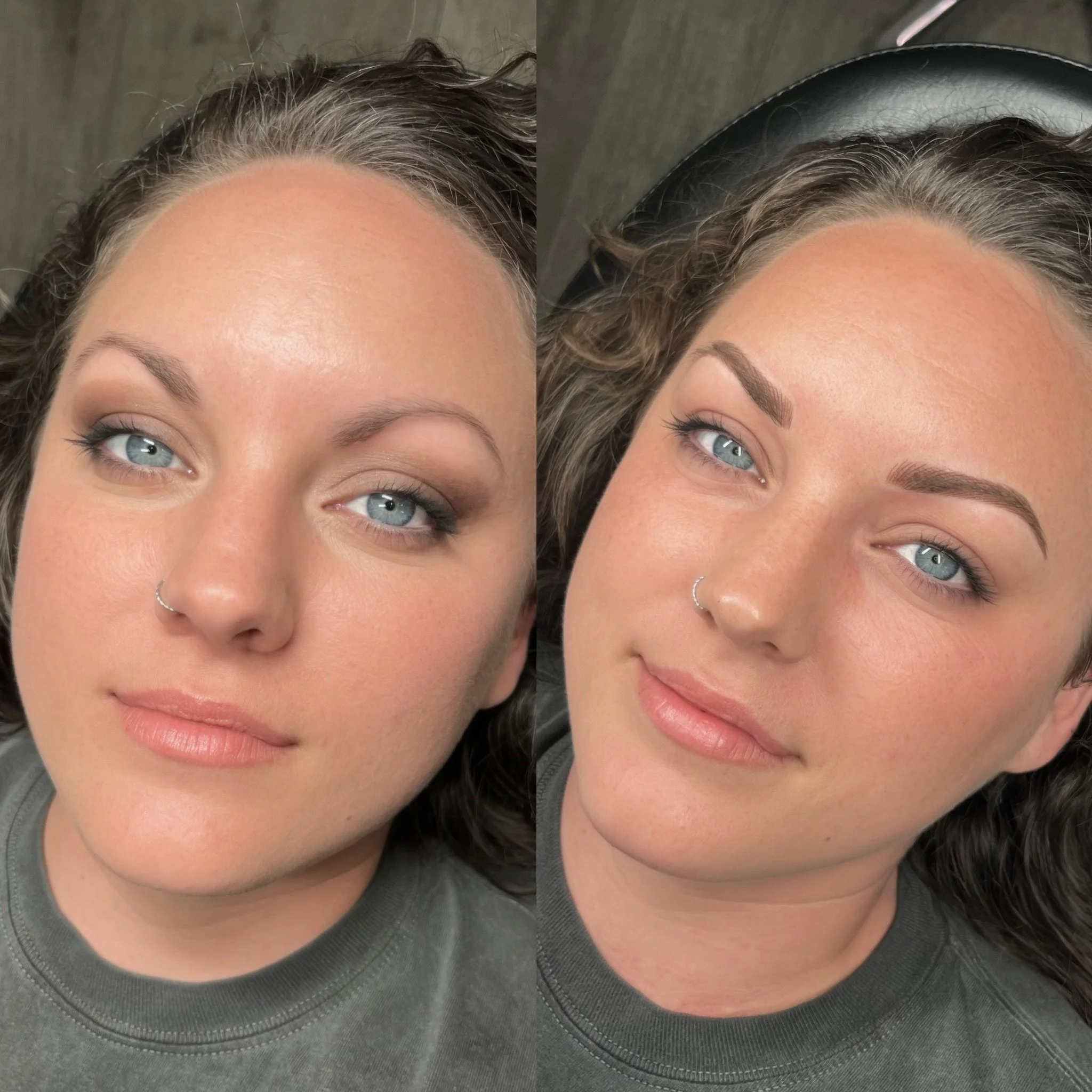 Close-up of a woman's face showing before and after eyebrow enhancement, with well-groomed eyebrows and eye makeup.