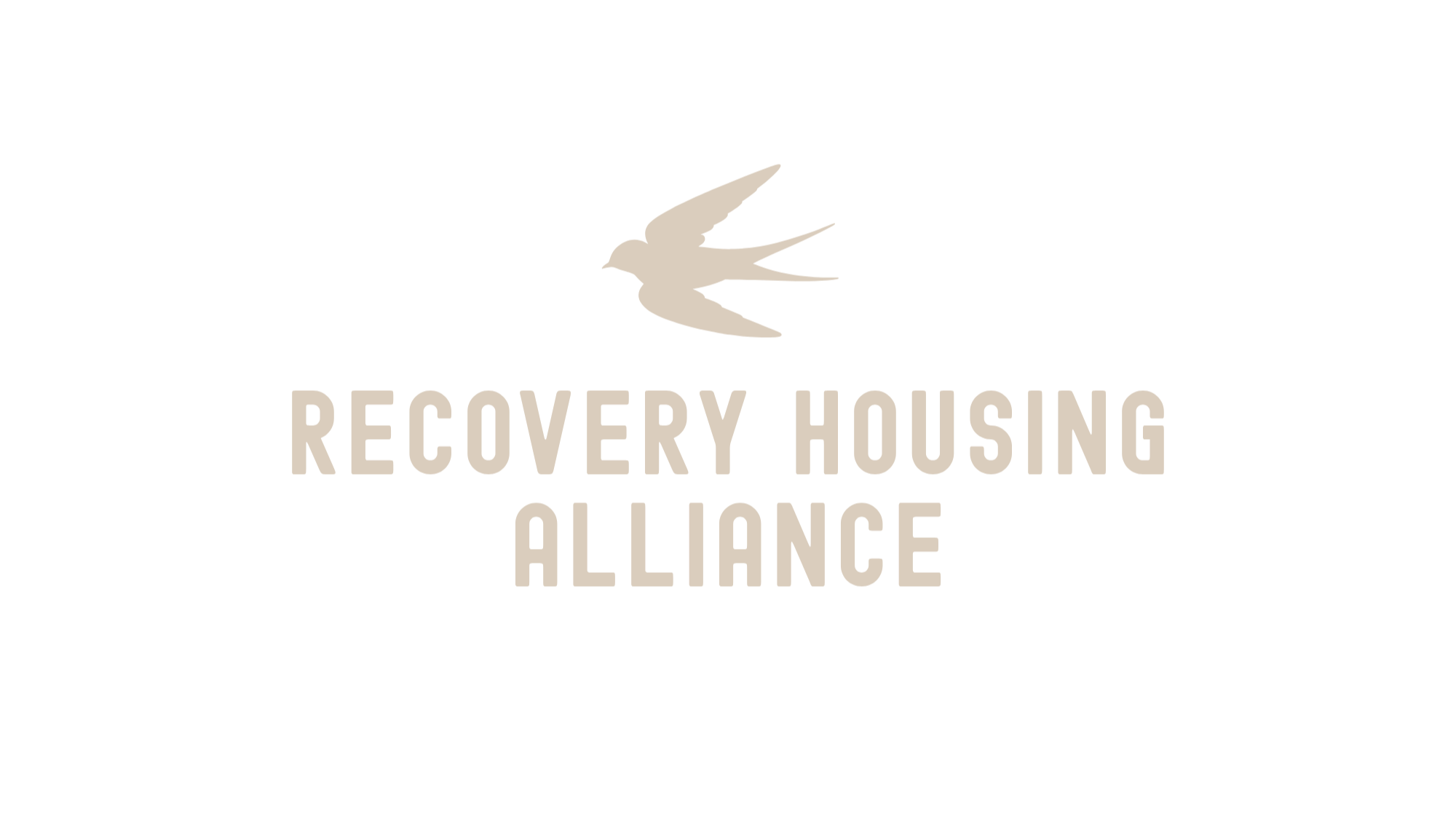 Logo of Recovery Housing Alliance featuring a beige swallow bird and bold uppercase text on a black background.