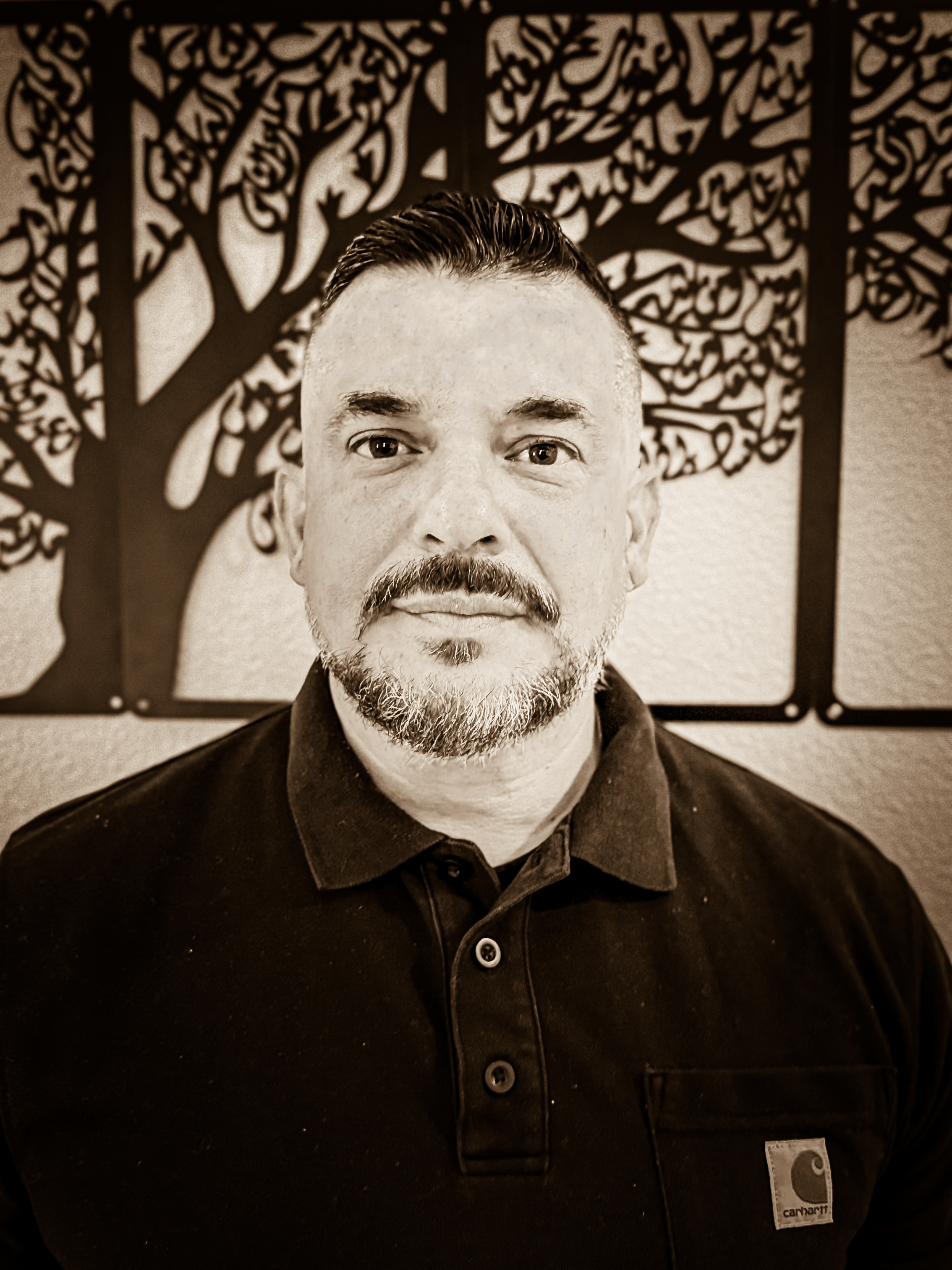 A man with a beard and short hair, wearing a dark collared shirt, standing in front of a decorative wall with a tree design.