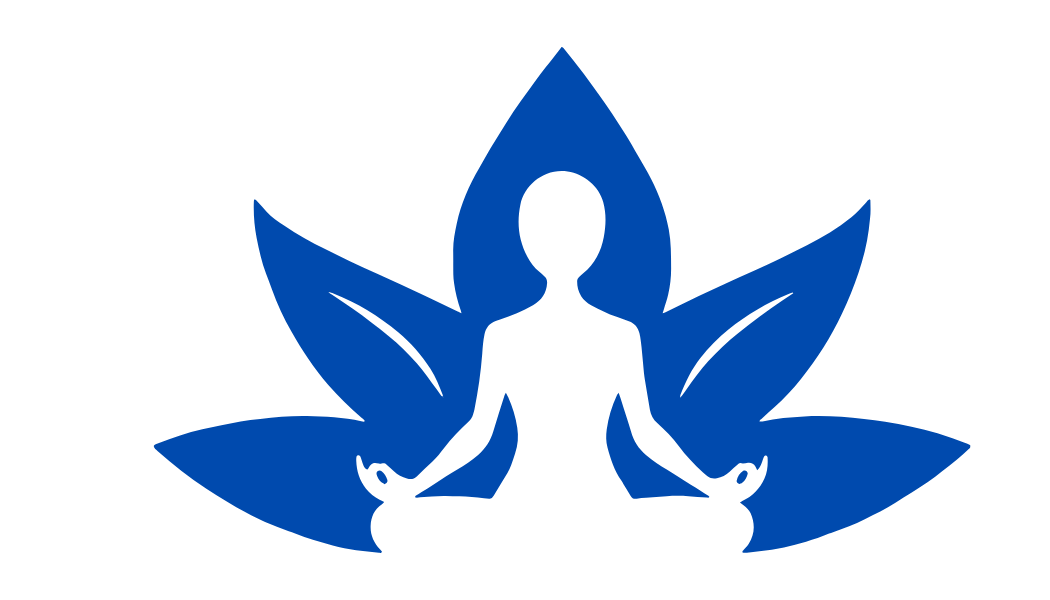 logo for yoga with rox featuring a royal blue lotus flower graphic with a white yoga body graphic in the center