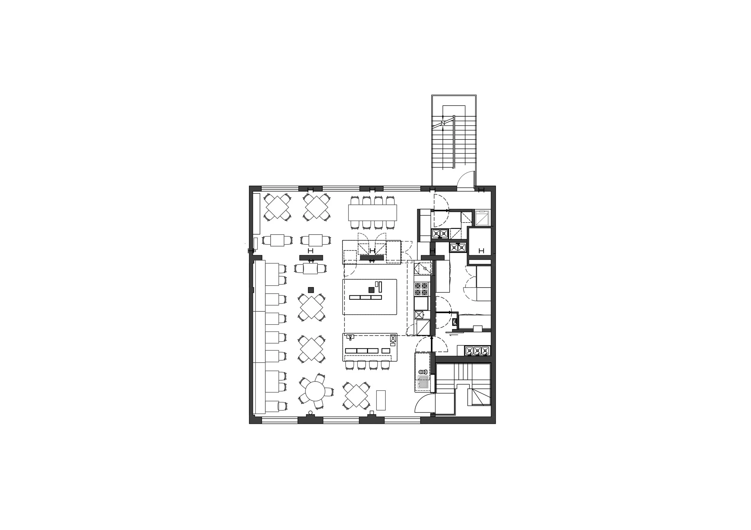 Architectural floor plan of BOR Eatery illustrating layout of kitchen, bar, and dining areas
