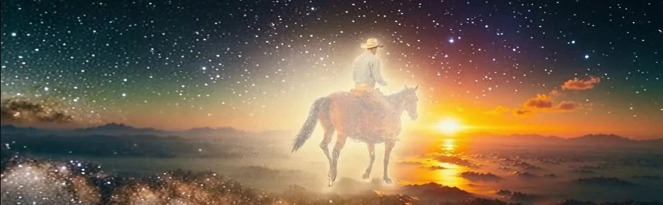 A person wearing a hat riding a horse across a surreal landscape with a starry sky and a setting sun.