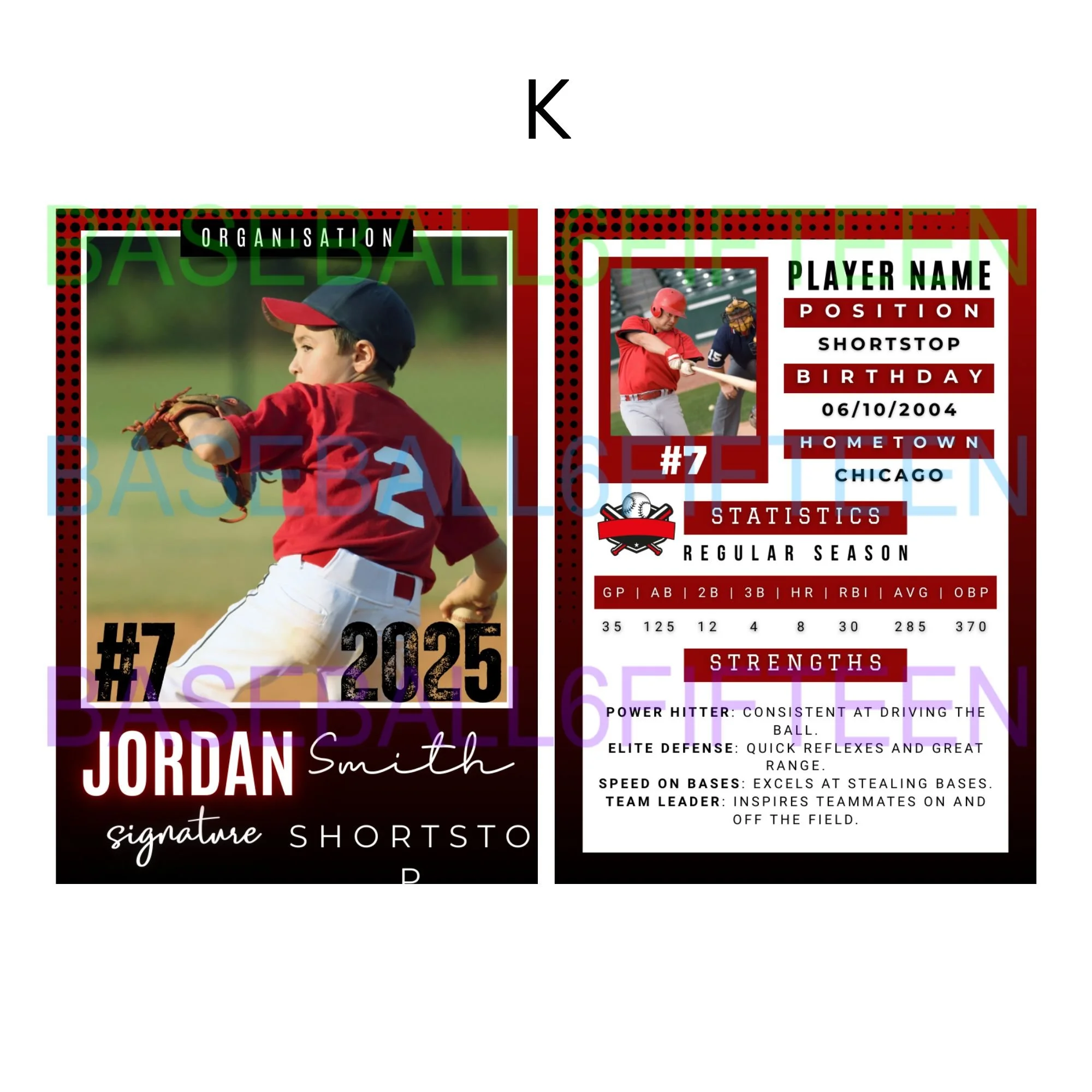 Baseball themed sports card featuring a young boy in a red jersey and blue cap throwing a baseball. The card includes personal details like name Jordan Smith, jersey number 7, birthdate 06/10/2004, hometown Chicago, and team statistics, strengths, an