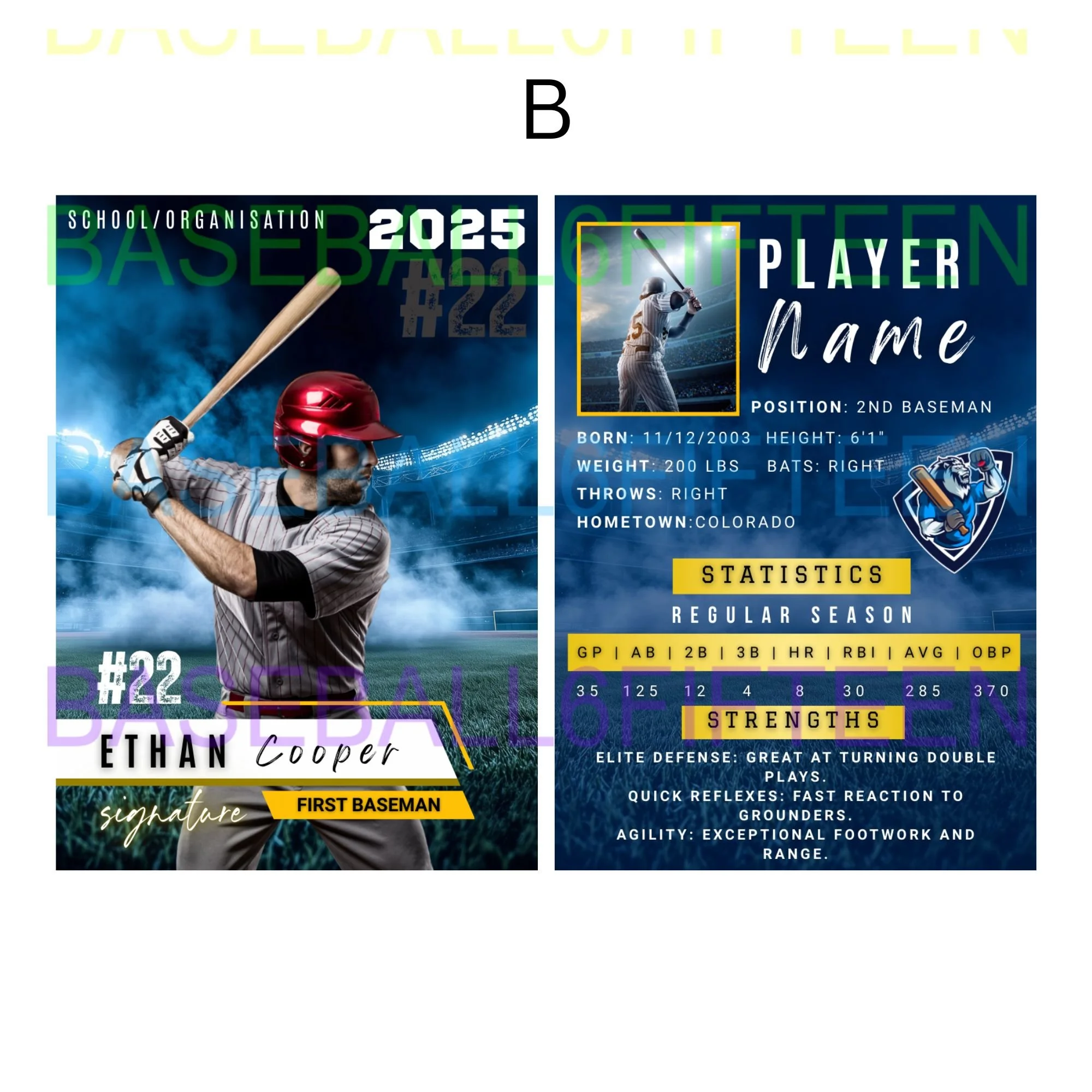 A baseball trading card for Ethan Cooper, a first baseman. The card features a photo of Ethan in a batting stance with a stadium background. It includes personal stats like birth date, height, weight, and hometown, as well as performance statistics a
