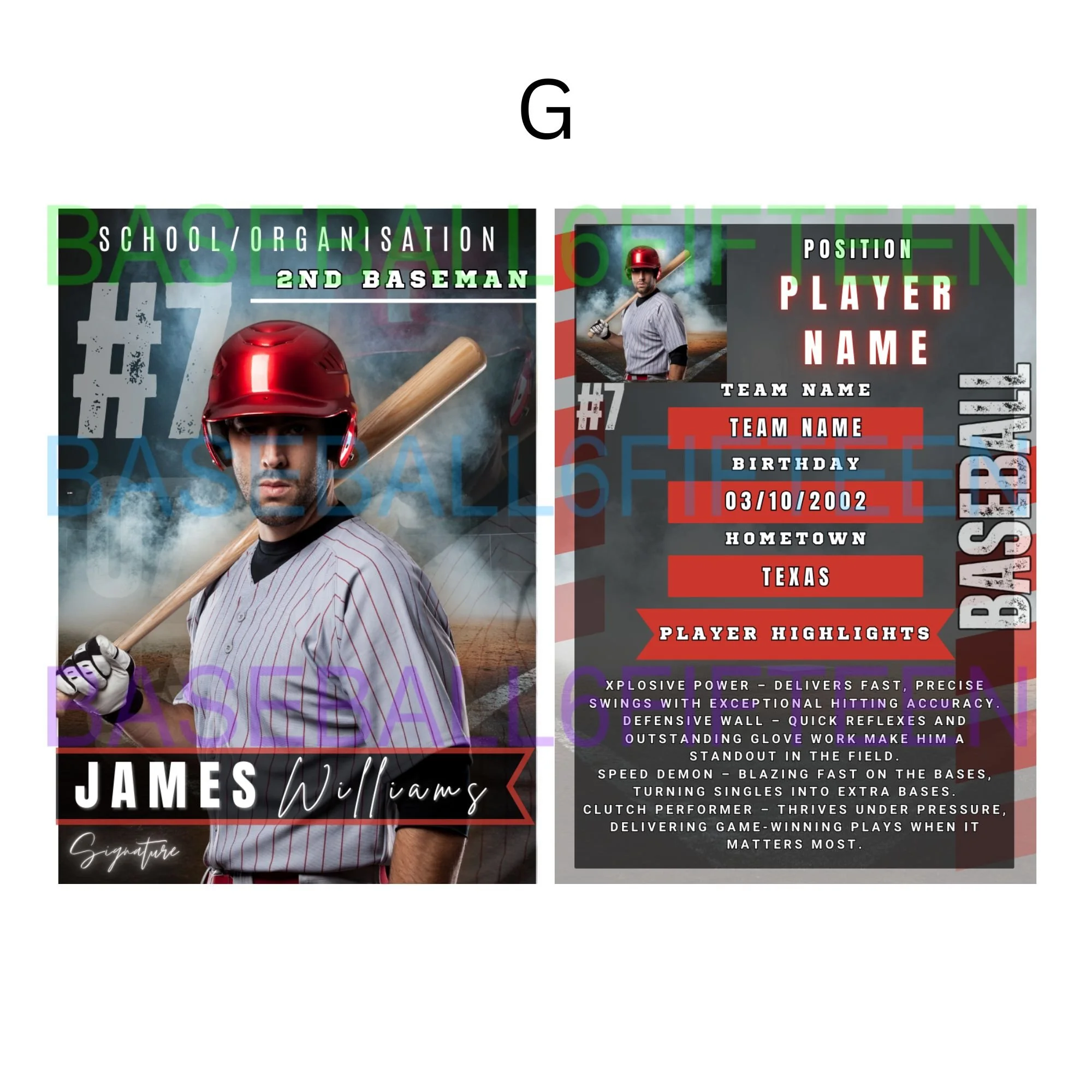 Baseball team player profile card featuring a man in a baseball uniform and helmet holding a bat, with a baseball field background. The card includes sections for name, team, birthday, hometown, player highlights, and a description of his skills.