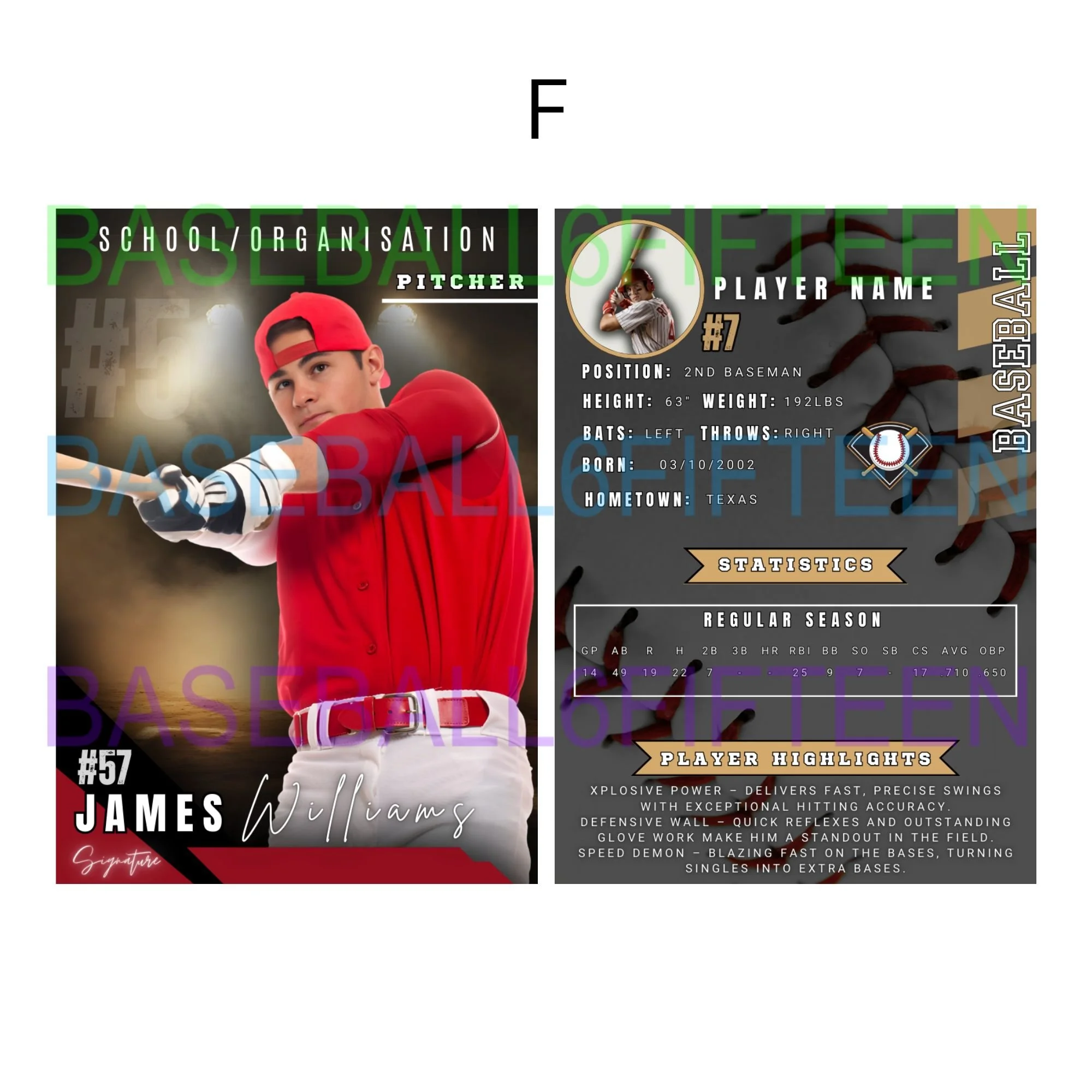 Baseball player statistics and profile card for James Williams, a 2nd baseman from Texas, born March 10, 2002, wearing a red baseball uniform and cap, holding a bat, with background graphics and stats.