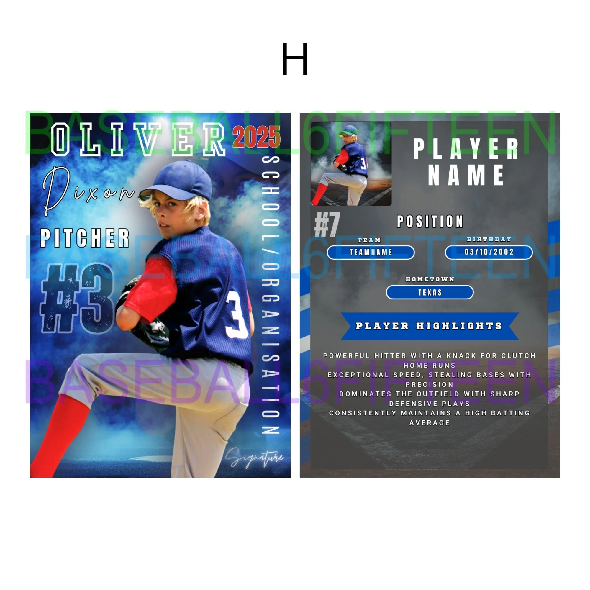 Baseball sports card with a young player in a blue and red uniform, featuring the name Oliver Dixon, number 3, and details for a baseball team.