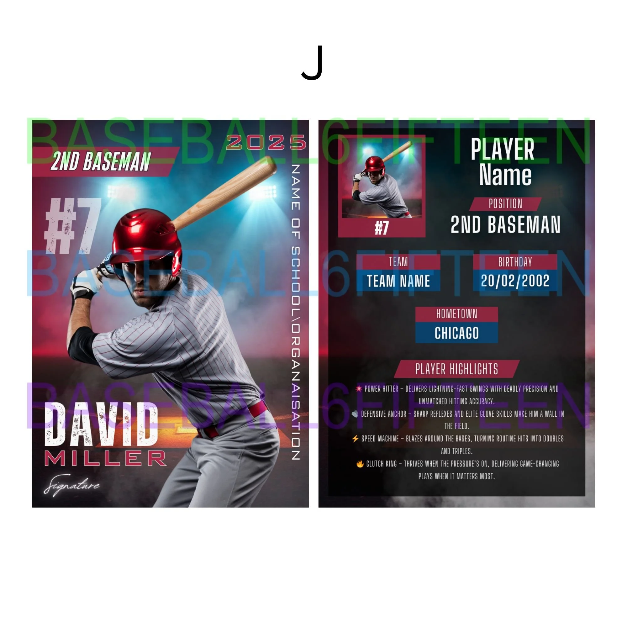 Baseball player in uniform with red helmet swinging a bat, standing on a field with stadium lights in the background, designed for a sports card or profile with designated space for player information and highlights.