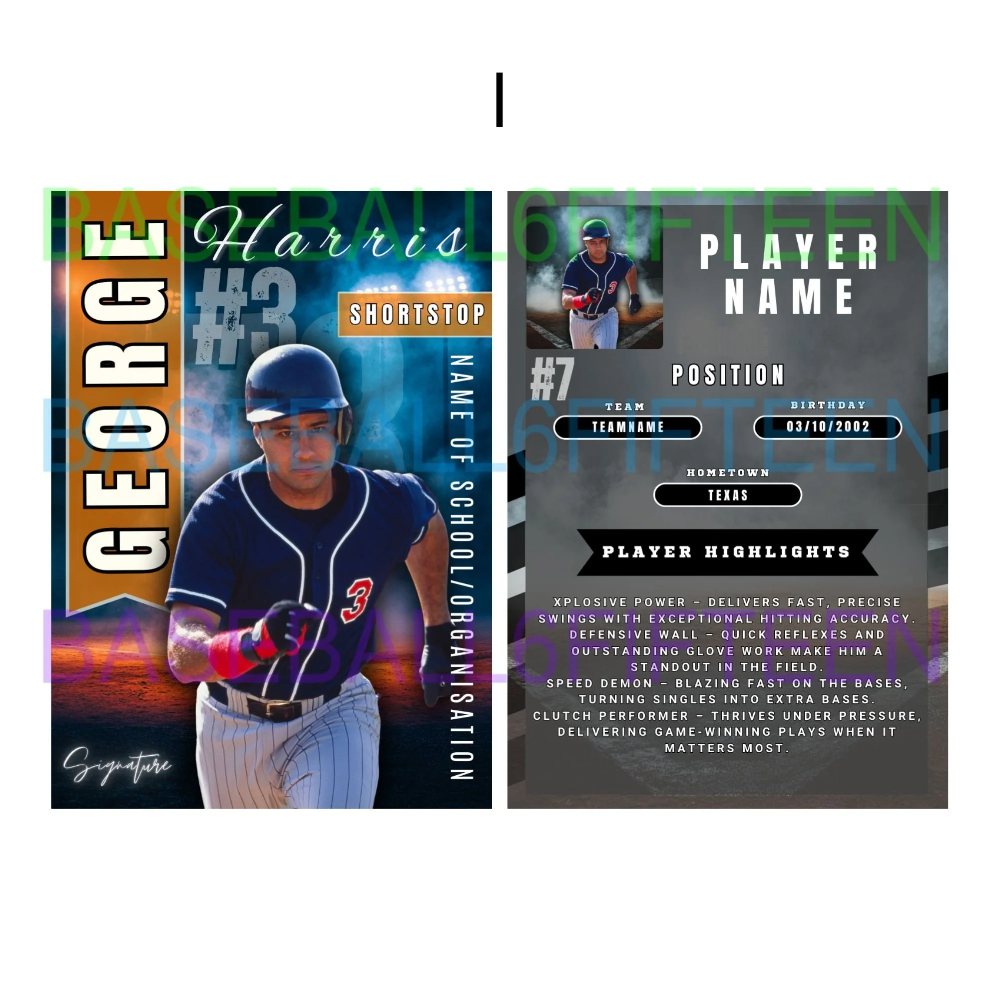 Sports-themed baseball player profile card featuring a player named Harris with a number 3 jersey, a signature at the bottom, and an area for personal details such as name, team, birthday, hometown, and highlights.