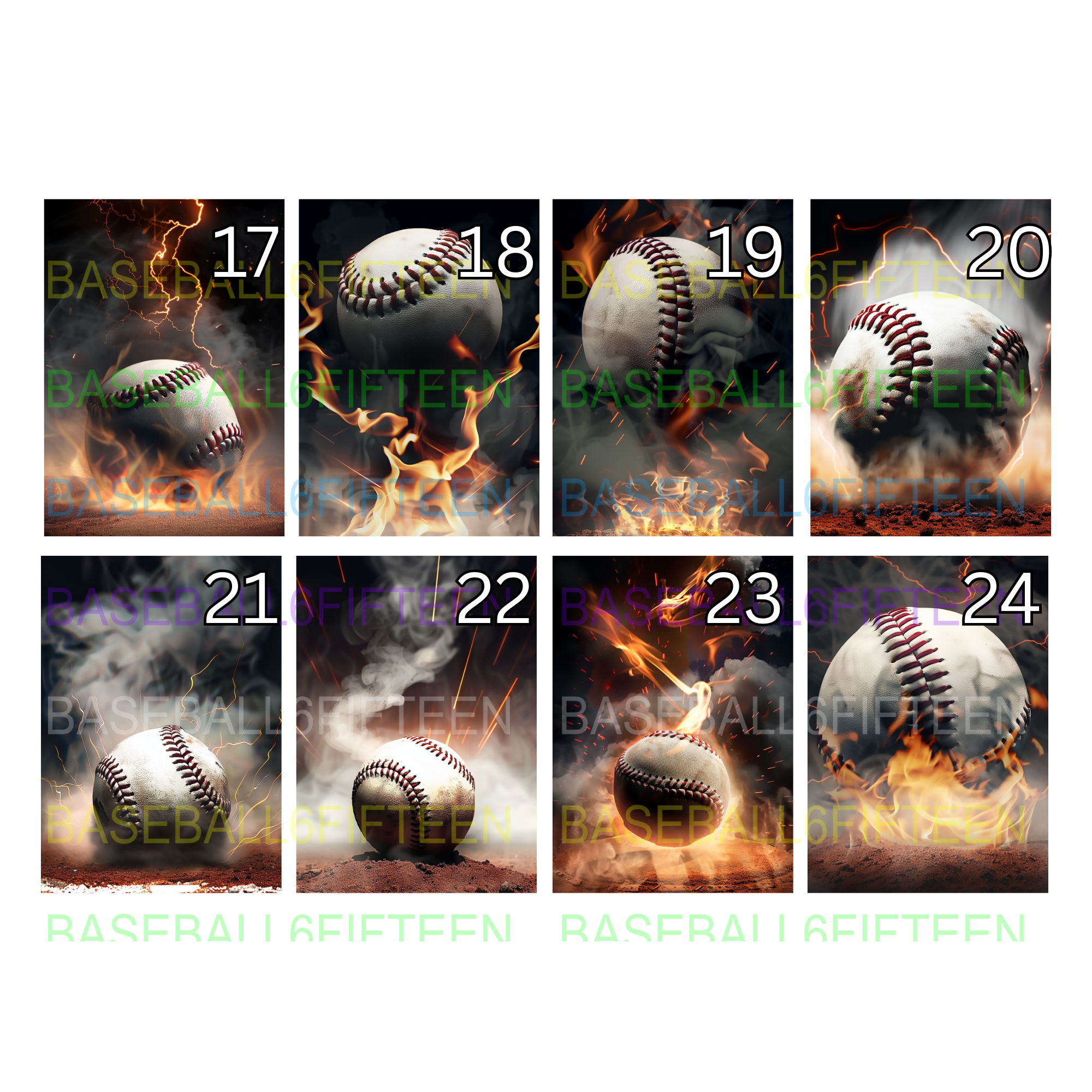 A collage of ten images of a baseball with fiery and smoky backgrounds, numbered from 17 to 24, with overlaid text 'BASEBALL FIFTEEN' in different colors.