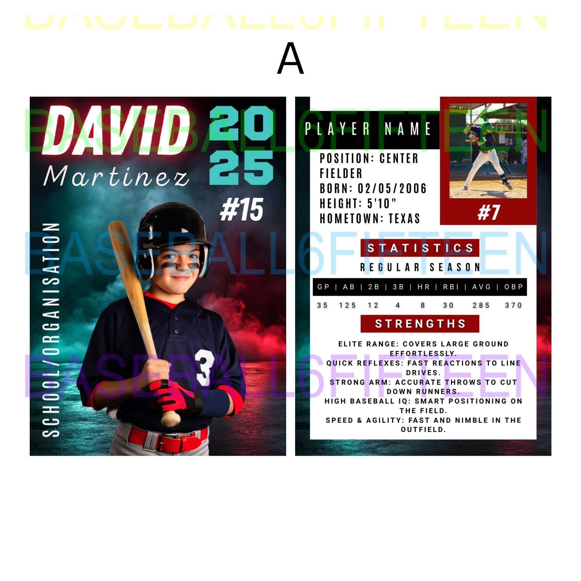 Sports trading card of a young baseball player named David Martinez, wearing a black helmet and uniform, holding a bat. The card features stats, photo, and personal details such as birth date and hometown.