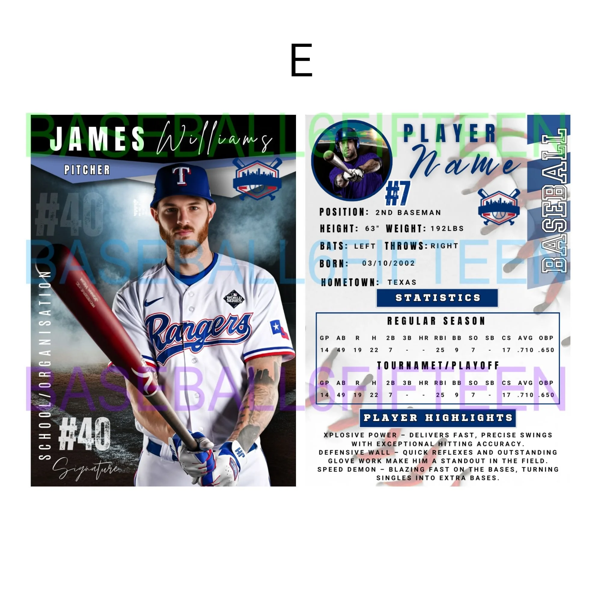 Baseball player profile card featuring a player in a Rangers uniform, with details including name, position, height, weight, birthplace, hometown, and statistics.