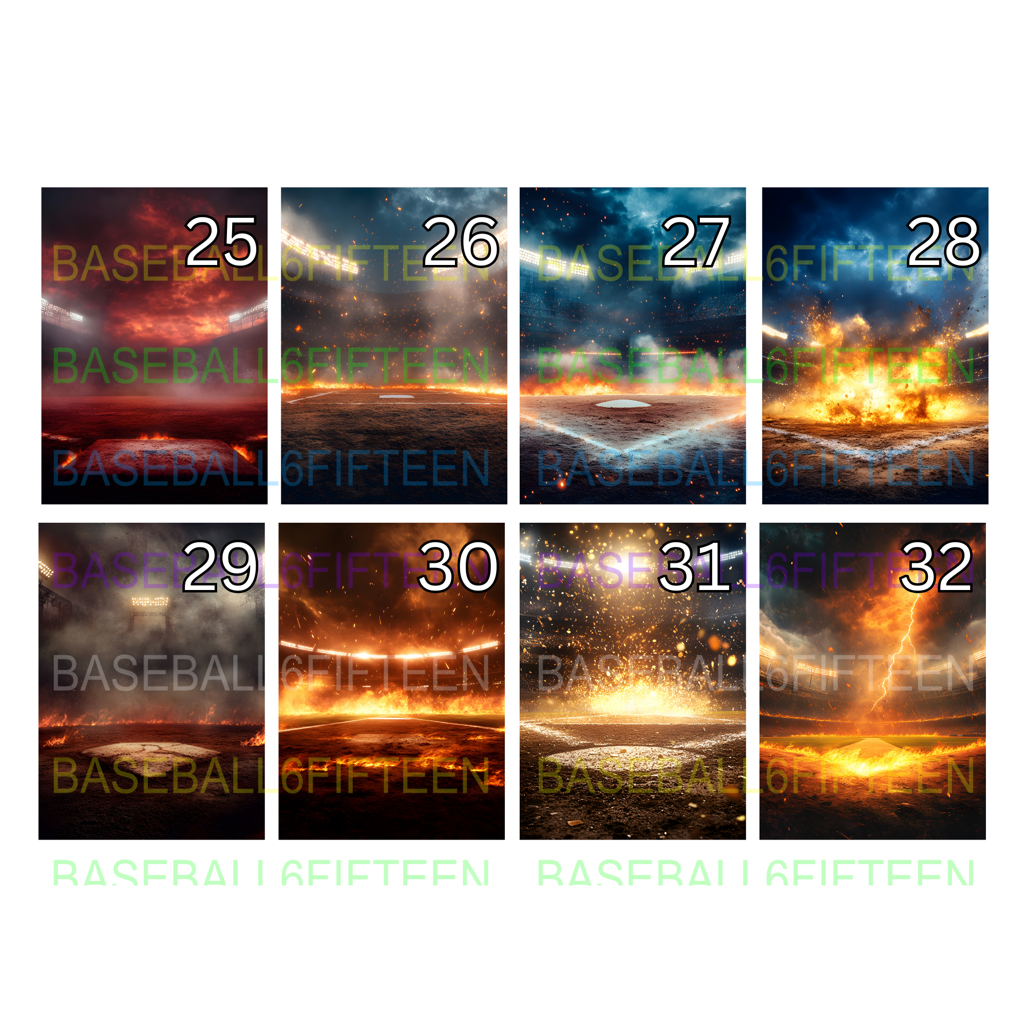 A series of images depicting explosive scenes on a baseball field, each labeled with a number and the words 'Baseball Fifteen' in different colors. The scenes include fiery explosions, lightning strikes, and smoke.