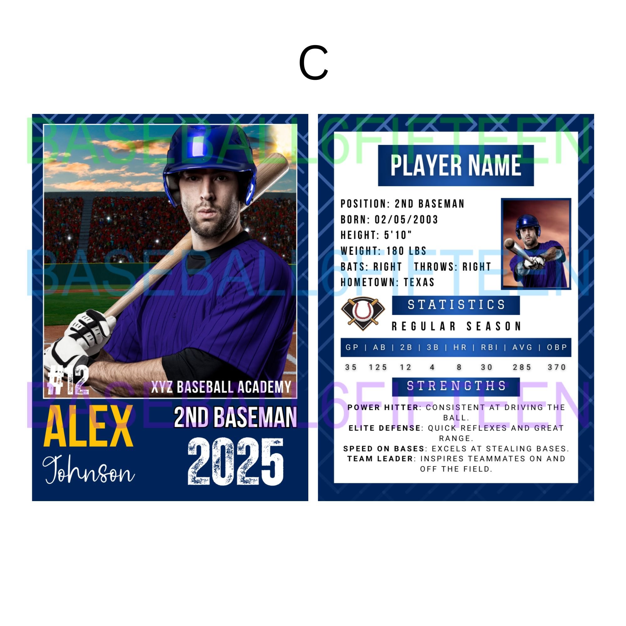 Baseball trading card featuring player Alex Johnson. Left side: portrait of Alex in baseball uniform holding a bat, background of a baseball stadium at sunset. Right side: player stats, photo of him in batting stance, and stats including position, bi