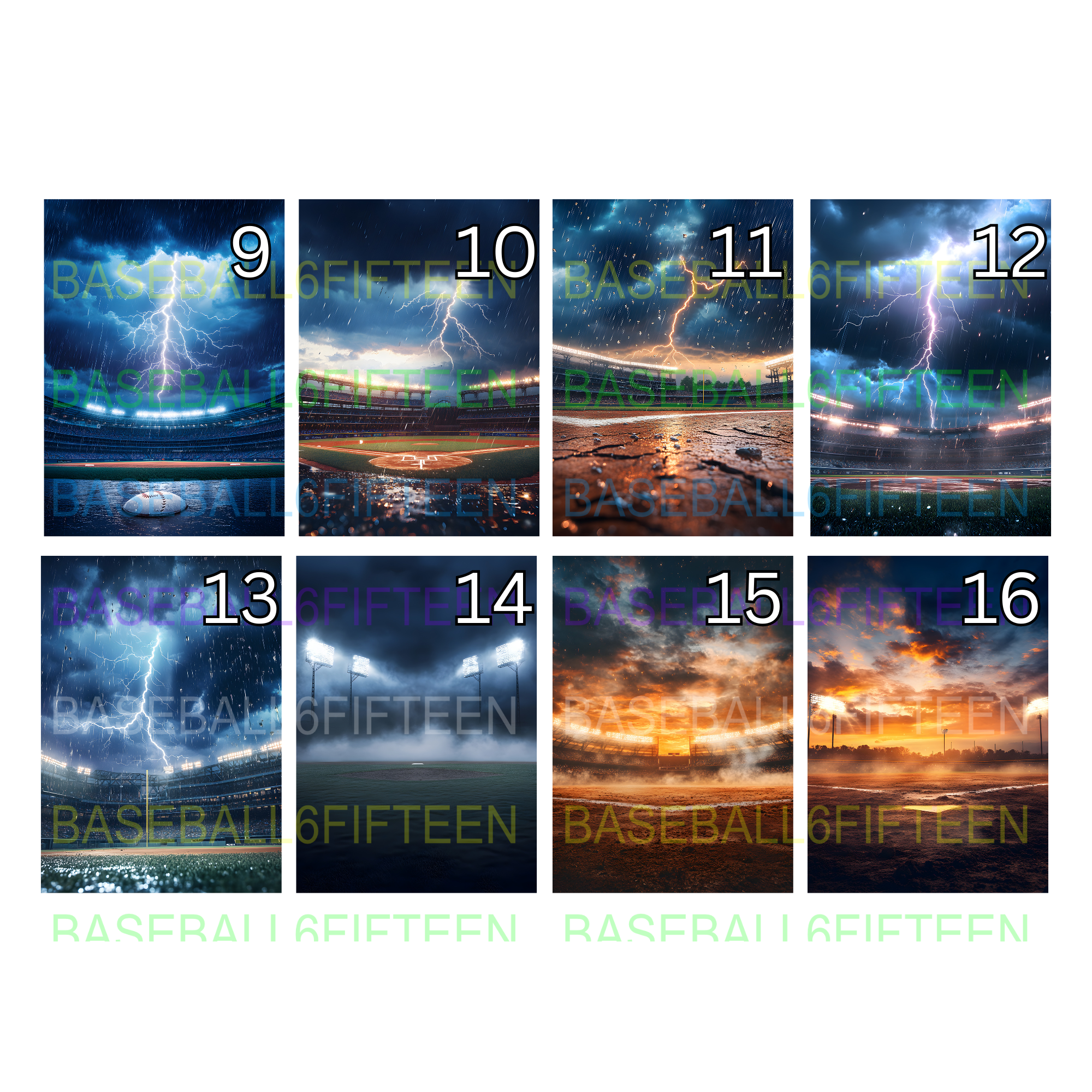A collage of nine weather scenes including lightning storms on a baseball field and open sky, rain at a stadium, and sunset at a baseball field.
