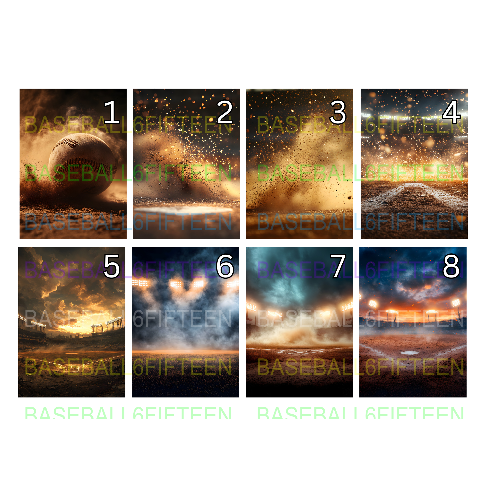 Collage of eight images related to baseball, including a baseball on the ground, balls and dust clouds in the air, stadium and field scenes, and stadium lights at night, with overlaid text reading 'BASEBALL FIFTEEN' in various colors.
