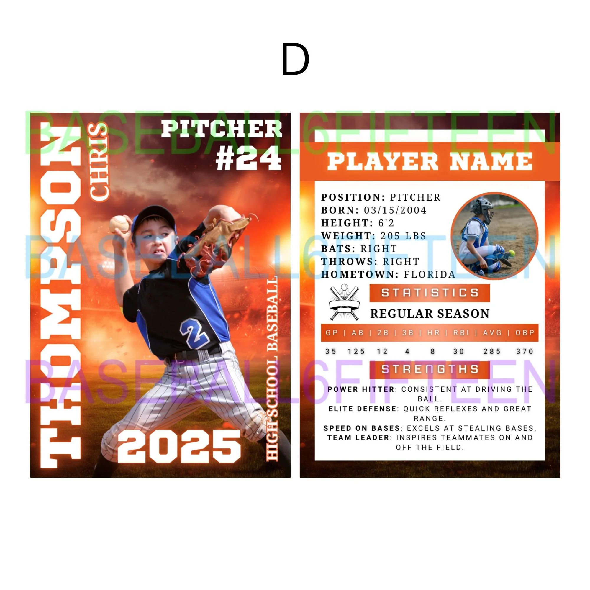 Sports team profile card for a young baseball pitcher, featuring a photo of the player in action, with statistics, strengths, and personal details.