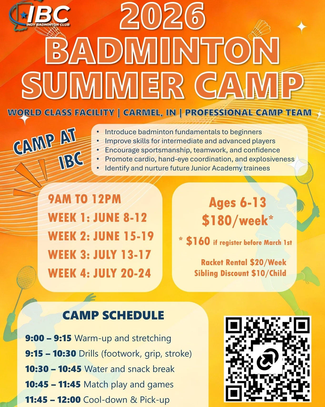 2026 Badminton Summer Camp at IBC is now open for registration. Get your early bird discount today by registering through the QR code below!