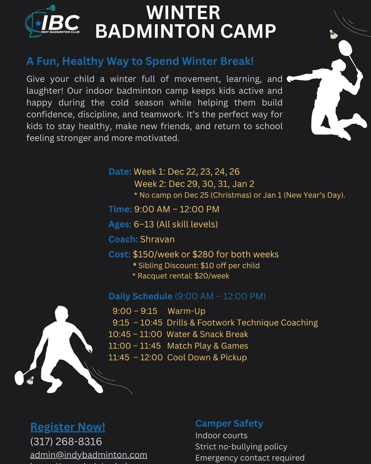 ❄️🏸 IBC Junior Winter Camp Registration Is Now Open!

Hi IBC Family,

IBC is excited to welcome kids ages 6&ndash;13 to our annual IBC Winter Badminton Camp this December! If you&rsquo;re looking for a fun way to keep your child active, learning, an