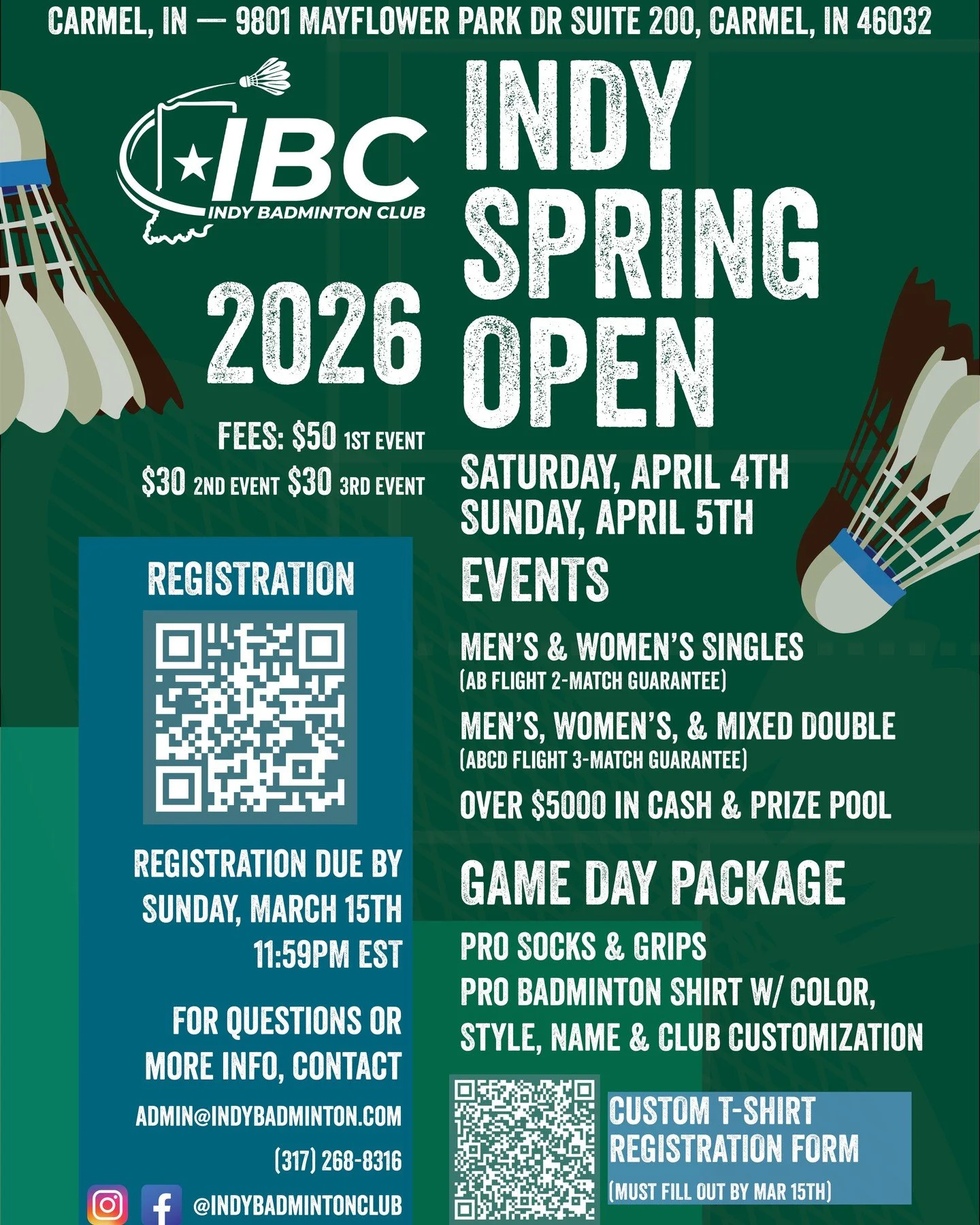 After welcoming 200+ players to last year&rsquo;s Indy Open, Indy Badminton Club is excited to bring the 2026 IBC Indy Spring Open back to Indiana!

Tournament Highlights:
&bull; Over $5,000 in cash &amp; prizes
&bull; Players of all ages from across