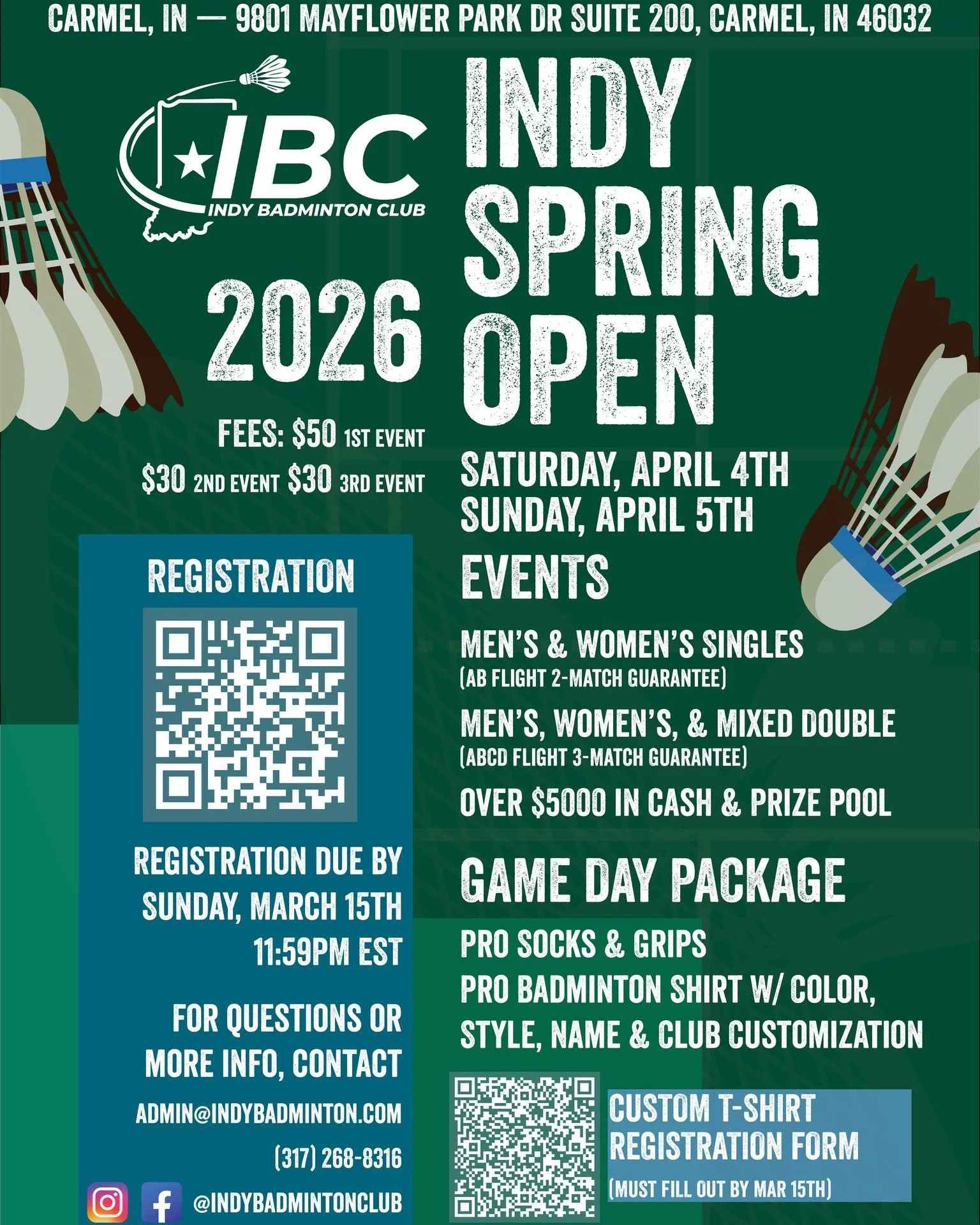 Deadline to register for the 2026 Indy Spring Open is today at midnight! Make sure to fill out your custom t-shirt form today as well to receive your custom t-shirt on game day. We look forward to seeing everyone on court on April 4th!🏸😁