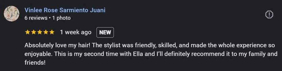 A review from Vinlee Rose Sarmiento Juani praising a hairstylist for their friendly and skilled service, with a five-star rating.
