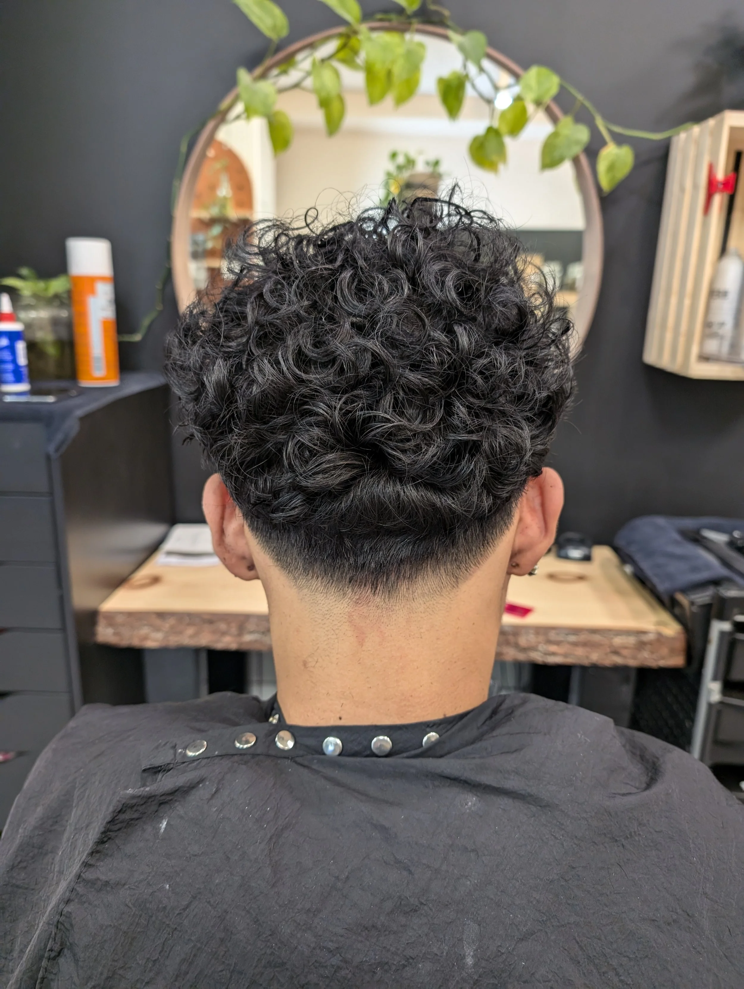 Back of a person's head with curly black hair and a faded undercut, sitting in a hair salon with a mirror and salon tools visible in the background.