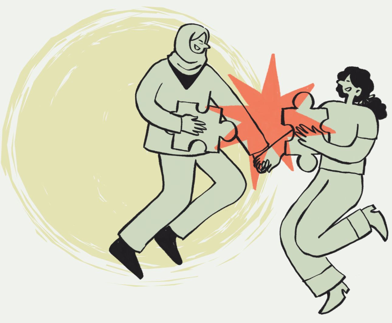 Two women passing puzzle pieces, with a red star behind them, in an illustrated style.